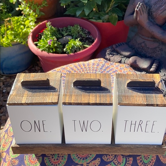 NEW Rae Dunn “ONE. TWO. THREE” 3 Piece Wooden Box Canister Set w/ Tray - Picture 2 of 16